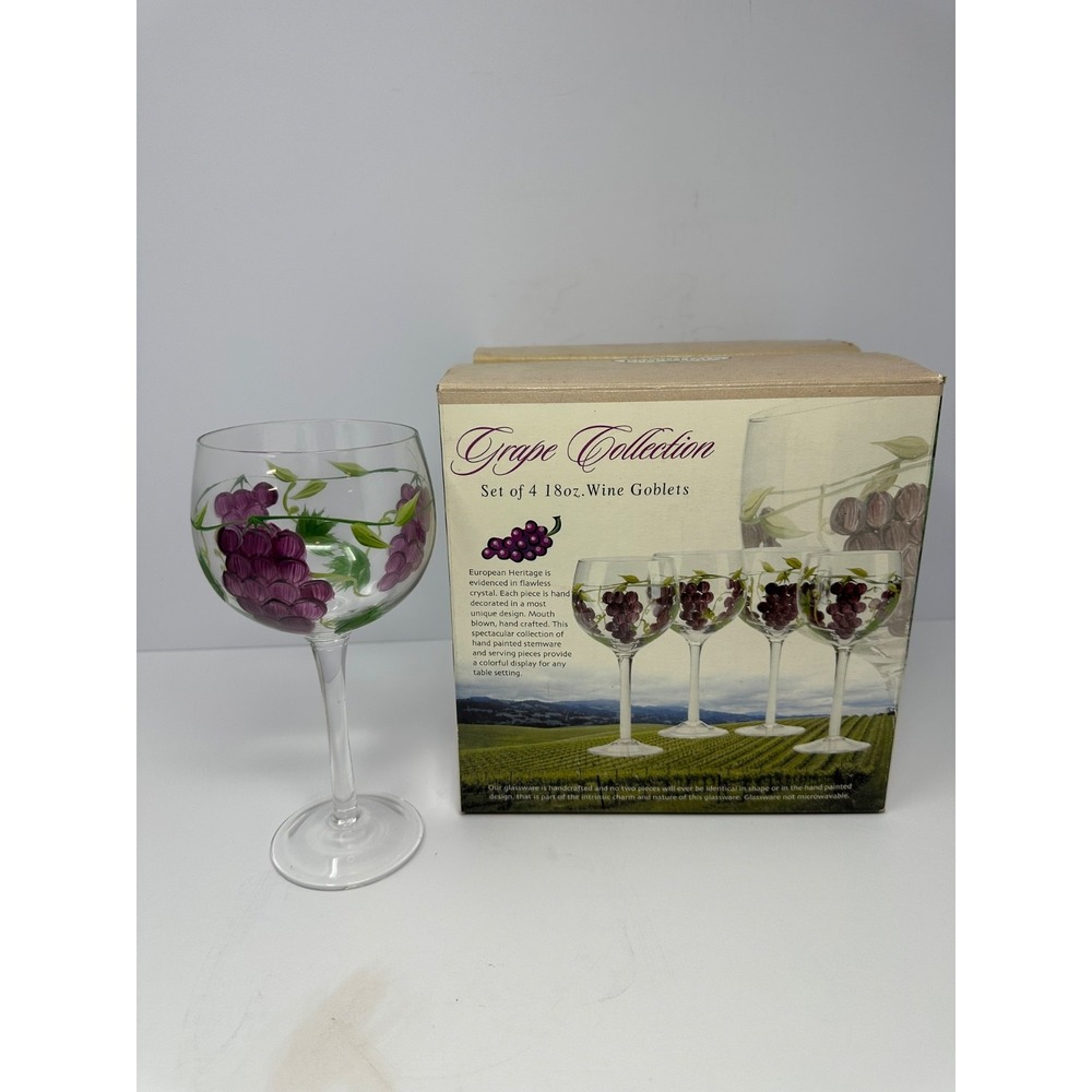 NEW!! Home Essentials and Beyond 4 Painted Grape Wine Goblets 18oz